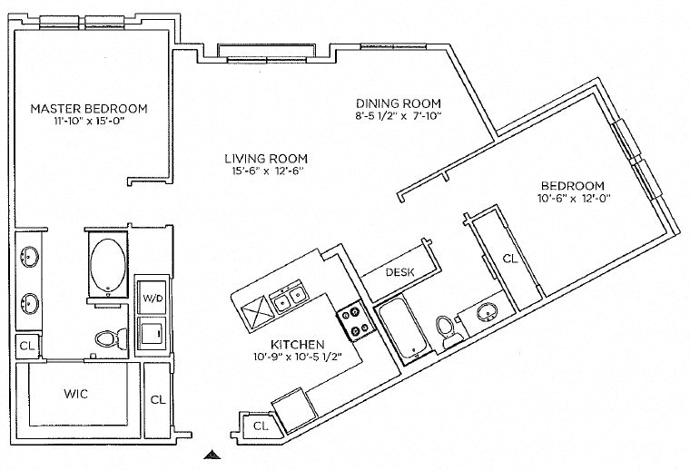 Floor plan for 2 beds, 2 baths, 1217 sqft